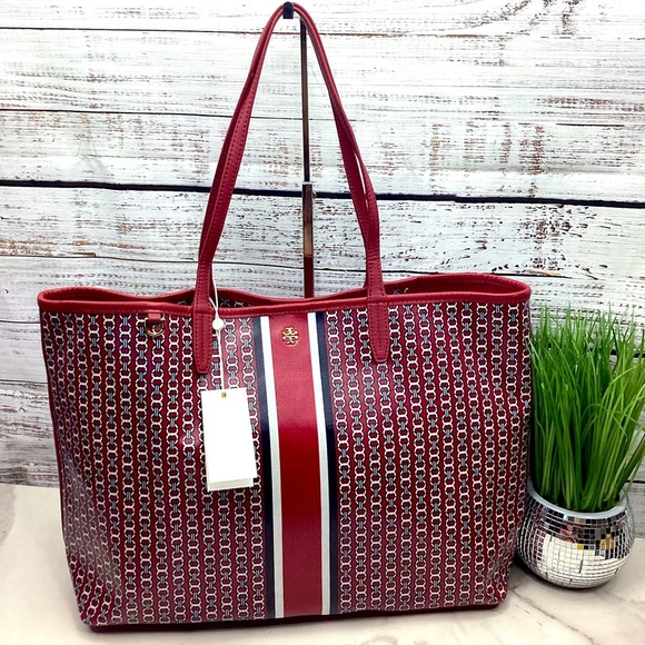 Tory Burch Handbags - New Tory Burch Large Gemini stripe Link largeTote Bag Redstone navy blue purse